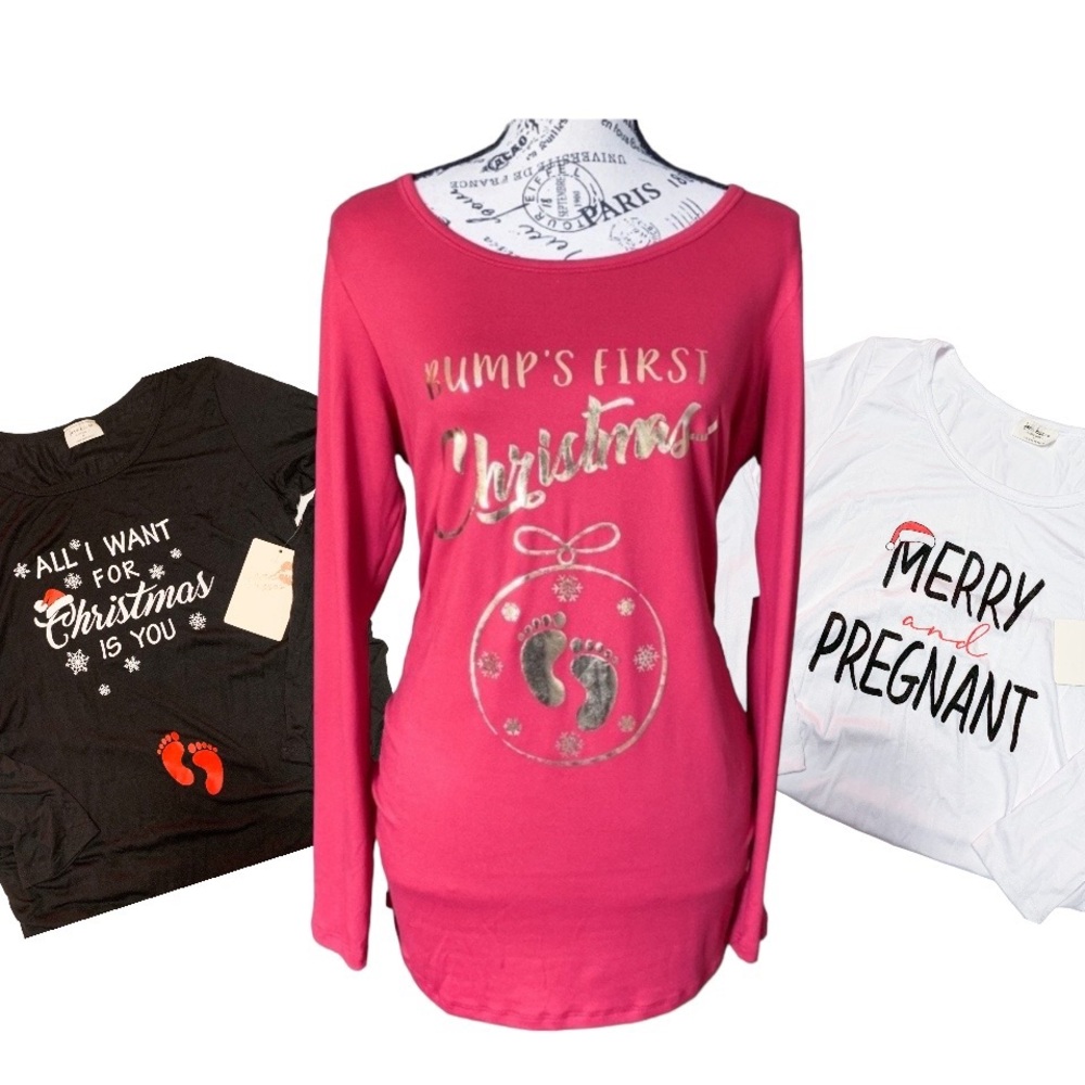 nwt Free Kisses Maternity T-Shirt Bundle Christmas Long Sleeve Tee (3) Medium
